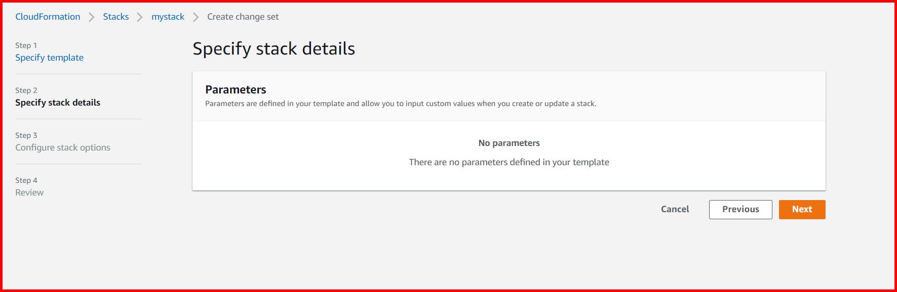 Picture showing the Create change set for current stack for specifying the parameters